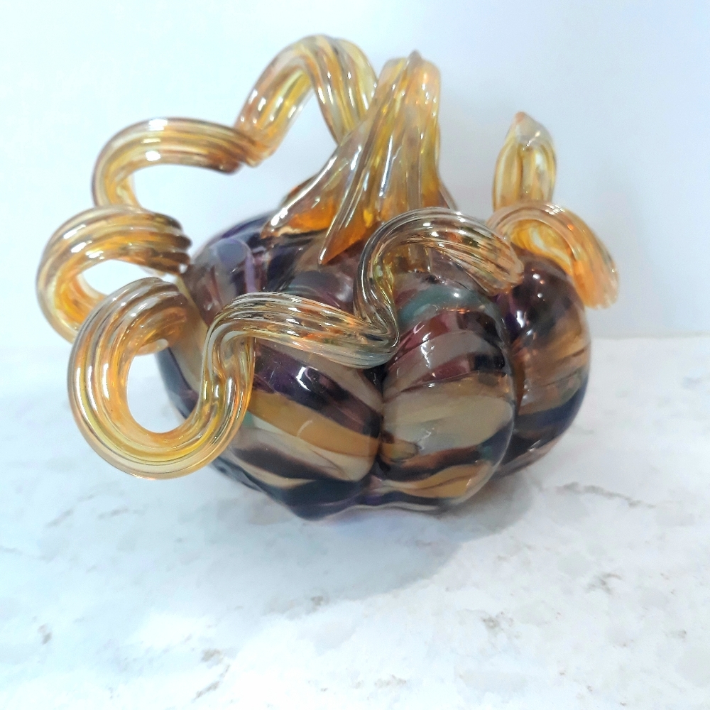 Somewhere Art Glass 4"×3.5" Pumpkin Iridescent Swirl Stem Purple Amber Signed
